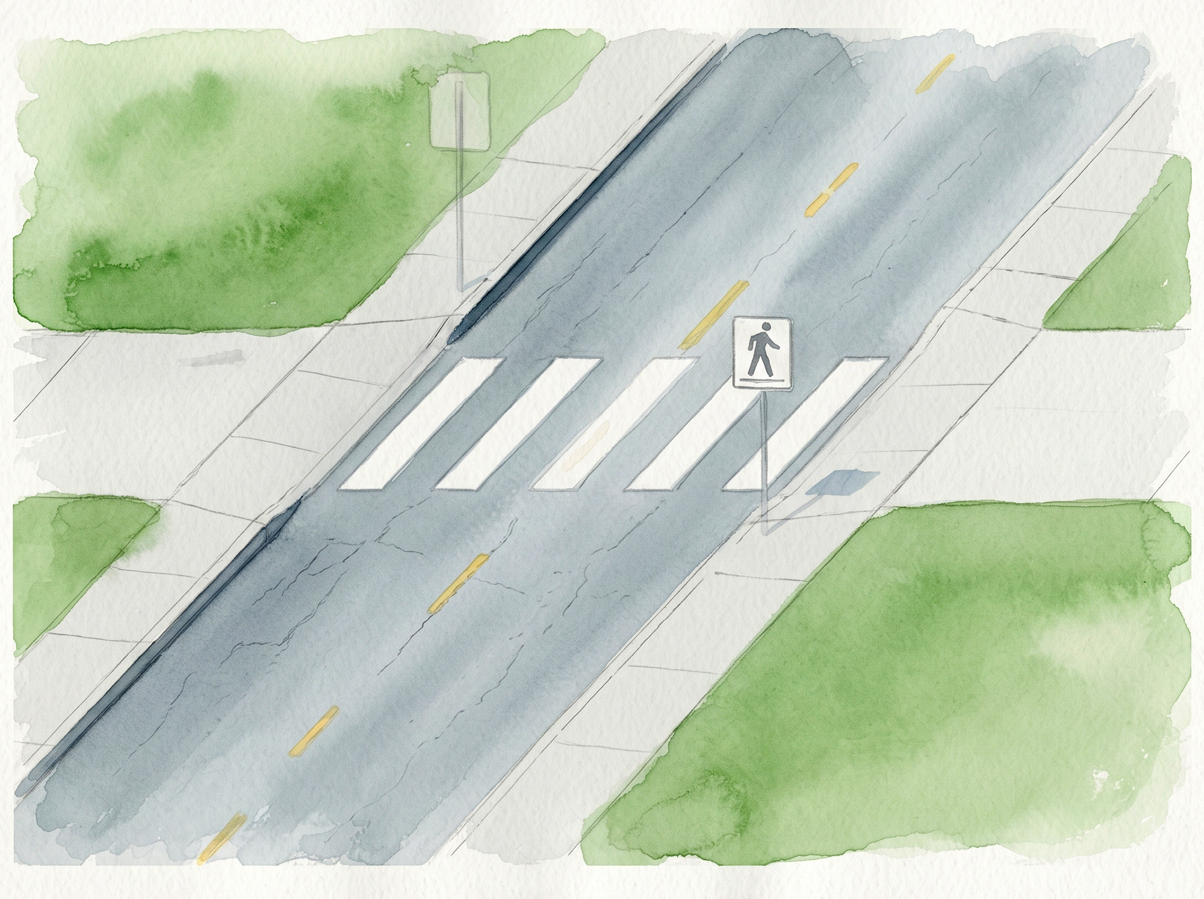 A watercolour of a painted zebra crossing where a trail crosses a road